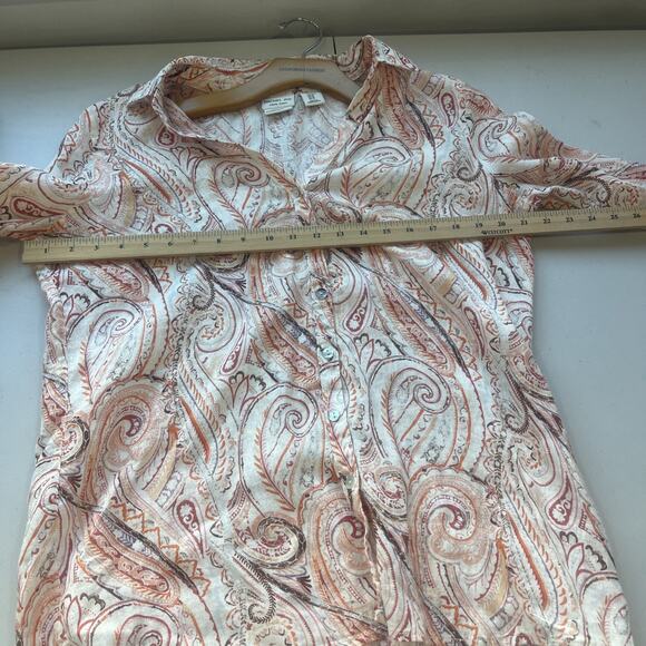 Rachel Zoe Linen Orange Paisley Blouse Tunic Size M V Neck European Flax Button - Picture 5 of 8